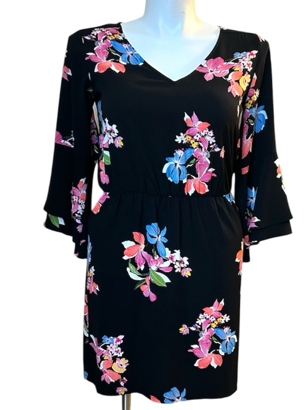 A New Day Floral V-Neck Black Dress with Pink & Blue Blossoms Sz.M